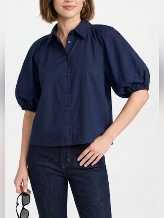 Velvet by Graham & Spencer Tops - Velvet Graham And Spencer Women's Navy Puff-Sleeve Button-Up Shirt,  Size ?S